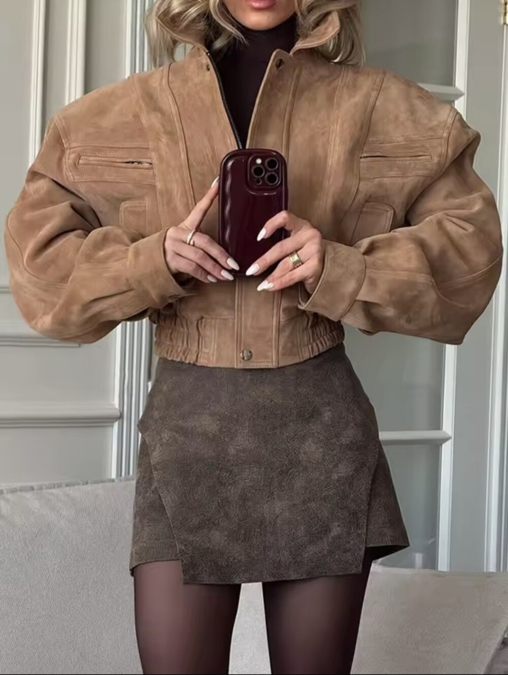 Women Solid Short Jackets Fashion Lapel Zipper Long Sleeve Pocket Cropped Coat